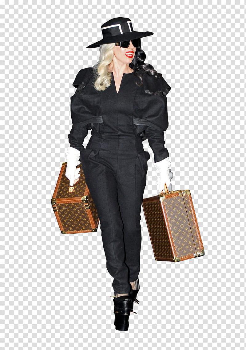 Lady Gaga , woman walking while carrying two Louis Vuitton Canvas suitcases transparent background PNG clipart