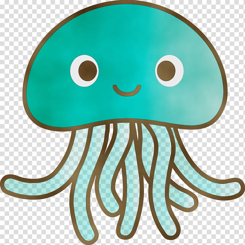 octopus green turquoise aqua, Baby Jellyfish, Watercolor, Paint, Wet Ink, Cartoon, Teal, Smile transparent background PNG clipart