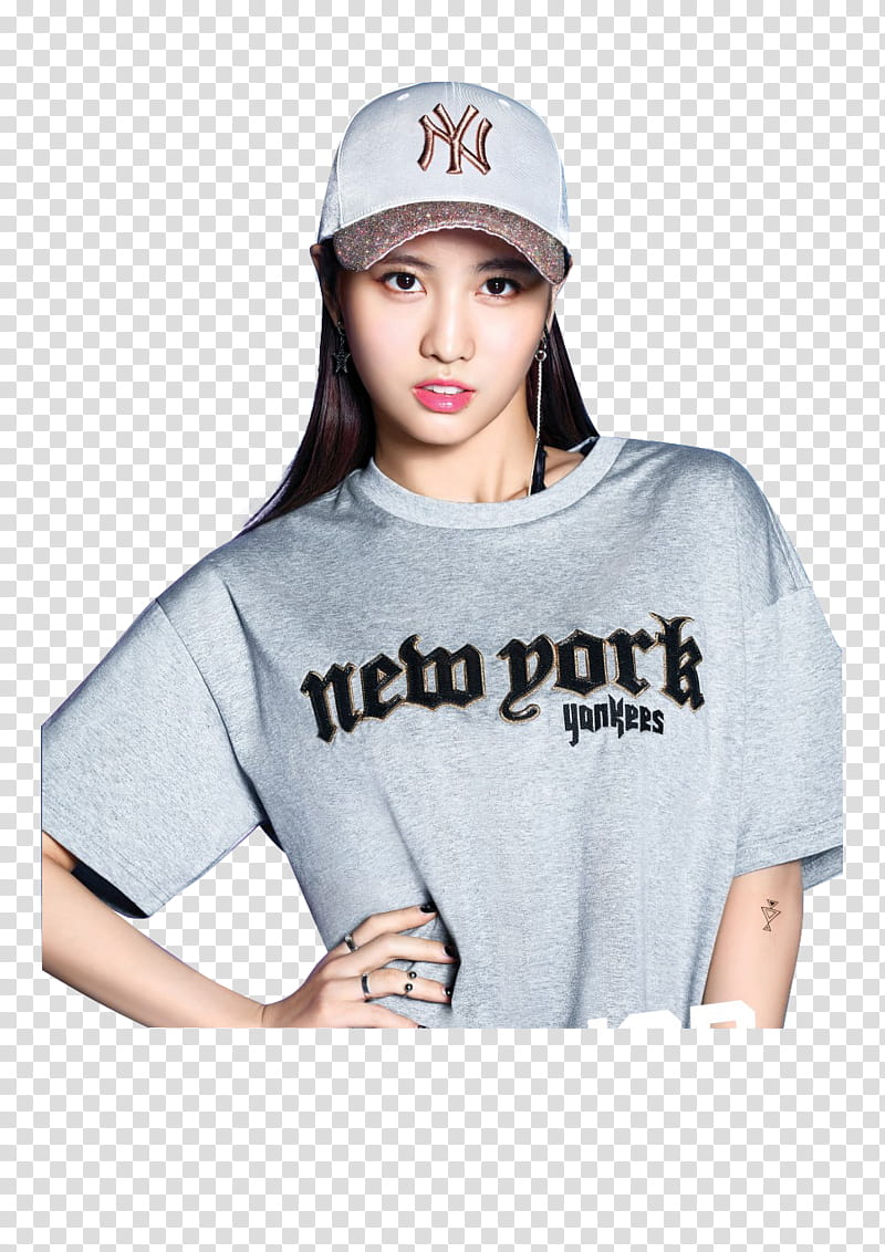 TWICE , woman wearing New York Yankees shirt and baseball cap transparent background PNG clipart