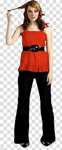 Emma Stone s, woman in red top and black pants pulling her hair transparent background PNG clipart