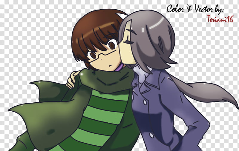 Keima x Yui, grey haired female character kissing boy on cheeks transparent background PNG clipart