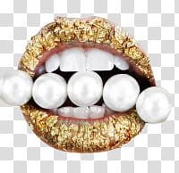 Labios y lentes, lips in gold lipstick bitting  white pearl beads transparent background PNG clipart