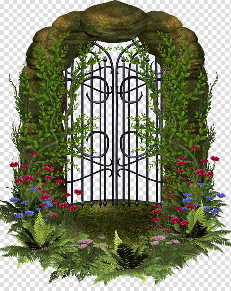 gate, black metal gate covered with flowers transparent background PNG clipart