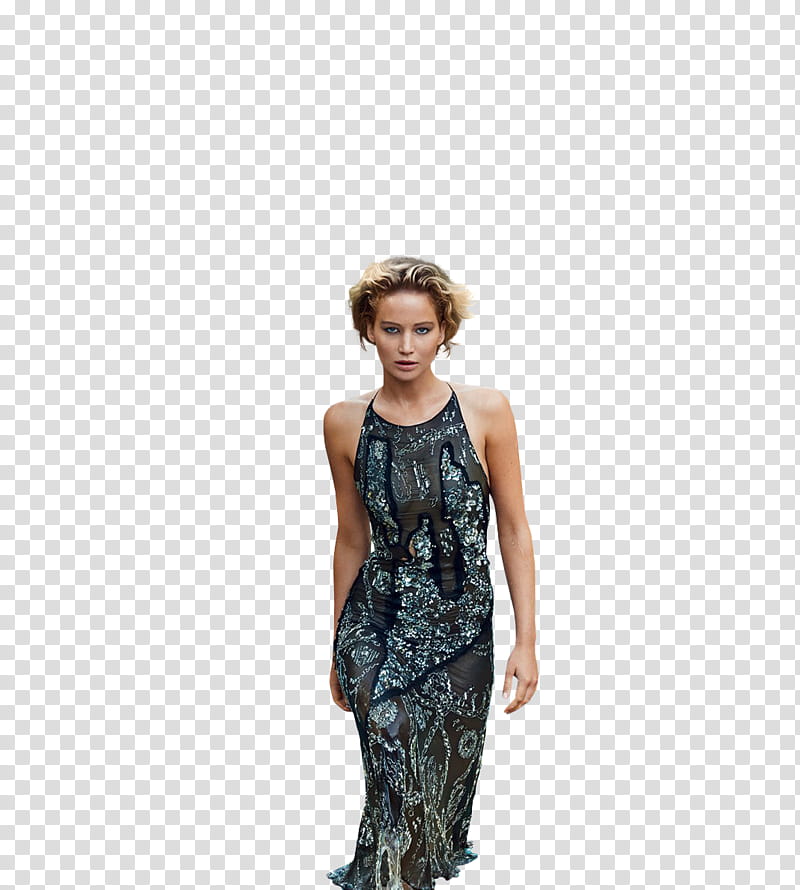 Jennifer Lawrence, woman wearing gray and black sleeveless dress transparent background PNG clipart
