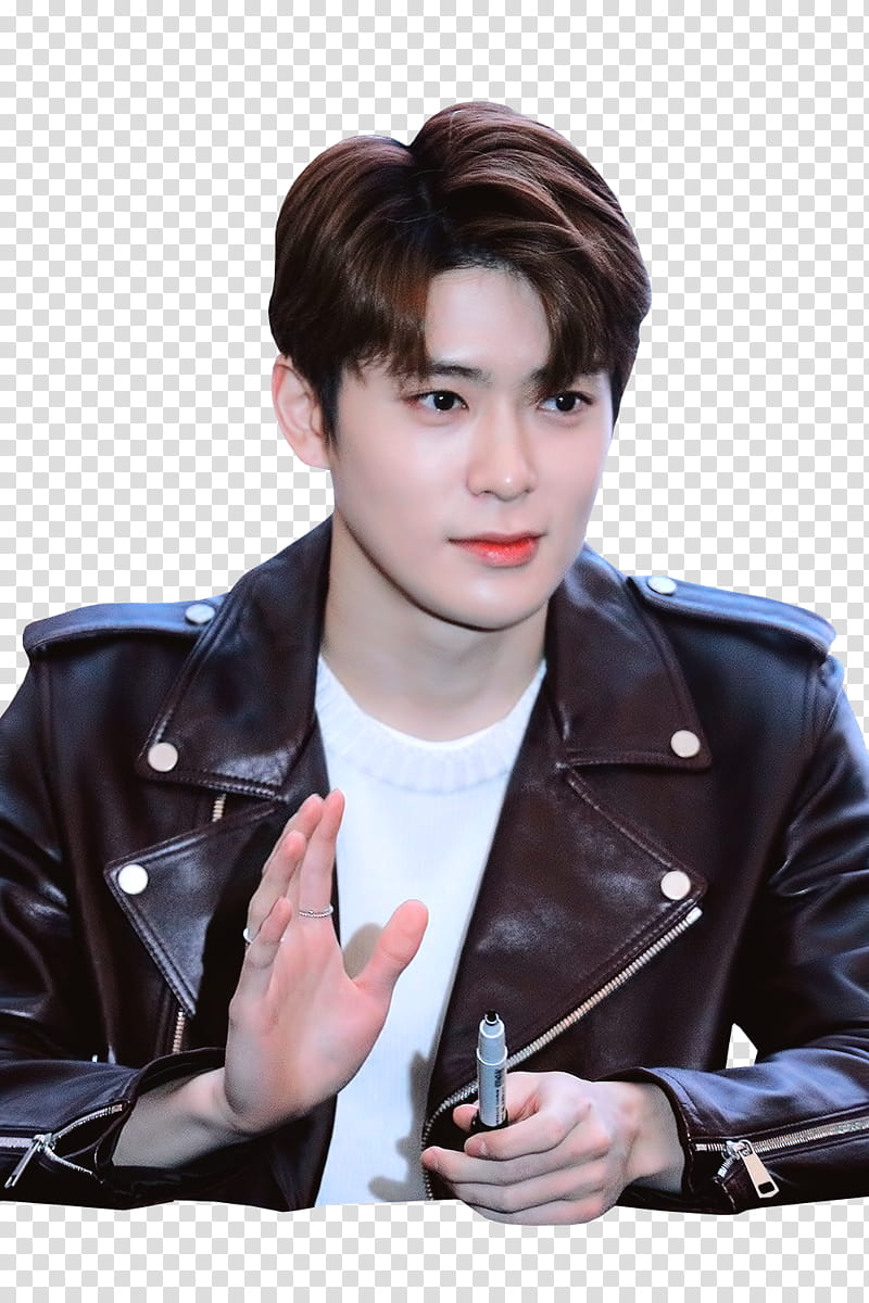 NCT Woori Hyun wearing black leather jacket waving his hand transparent background PNG clipart