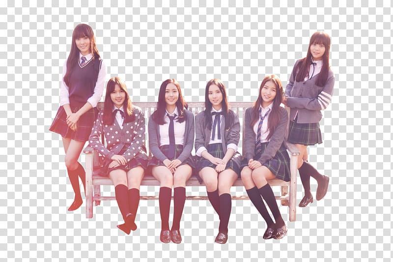 GFRIEND, six women sitting on brown bench transparent background PNG clipart