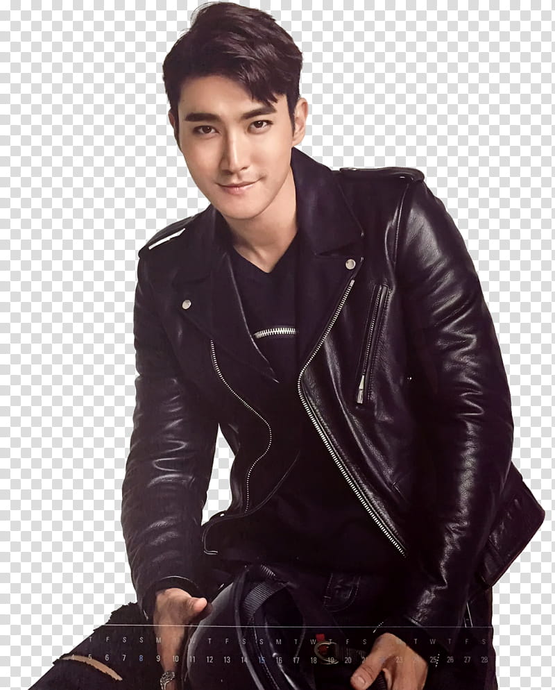 SJ and SJM season greeting P, man wearing black leather jacket transparent background PNG clipart