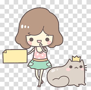 Kawaii People, brown and grey girl and cat cartoon illustration transparent background PNG clipart thumbnail