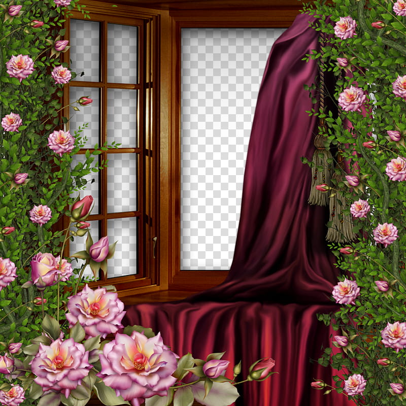 window, opened window with maroon curtain and petaled flowers transparent background PNG clipart