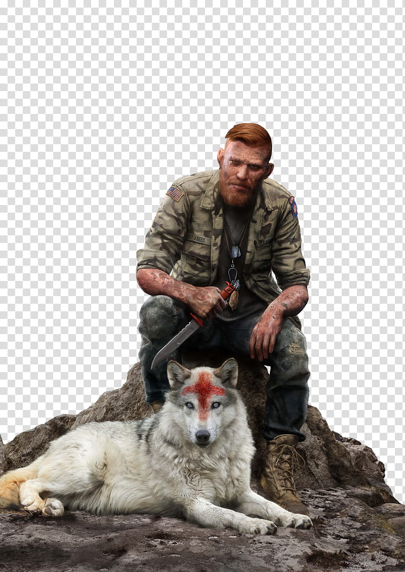 Far Cry  Character Jacob Seed, man siting with white wolf transparent background PNG clipart