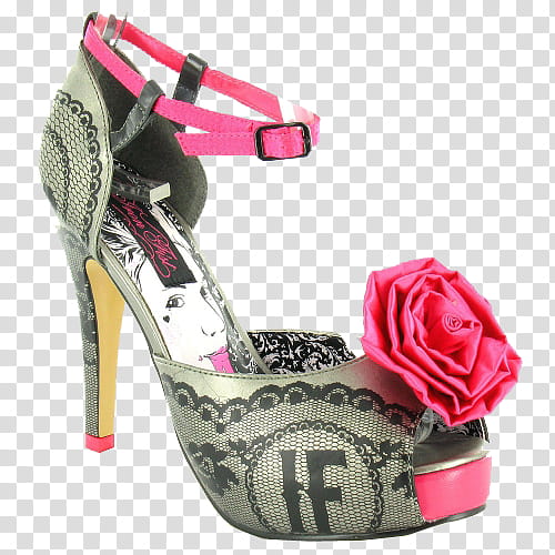 High heels Tacones, black, grey, and pink ankle-strap peep-toe platform pumps with flower accent transparent background PNG clipart