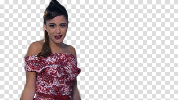 Martina Stoessel, smiling woman in red and white off-shoulder top transparent background PNG clipart