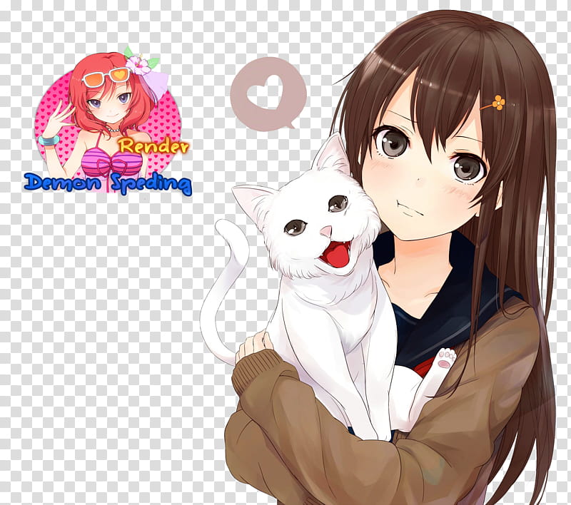 Anime Girl Render , brown haired female holding white cat character transparent background PNG clipart