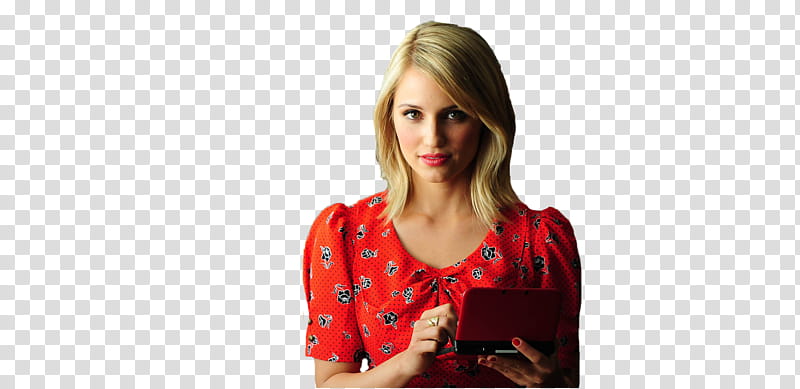 Dianna Agron, woman standing and holding red Nintendo DS transparent background PNG clipart
