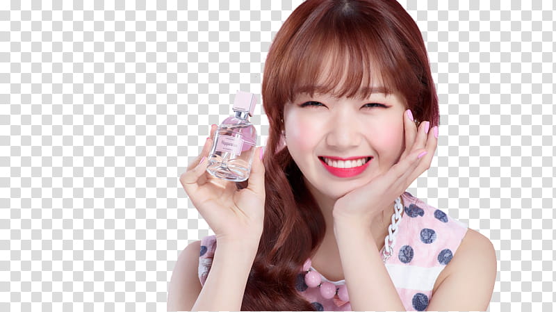 I O I Etude House P, smiling woman holding clear bottle transparent background PNG clipart