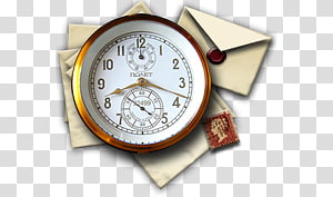 Steampunk Icon Set in format, synchronise, round brass-colored chronograph watch with mail envelope and postage stamp illustration transparent background PNG clipart thumbnail
