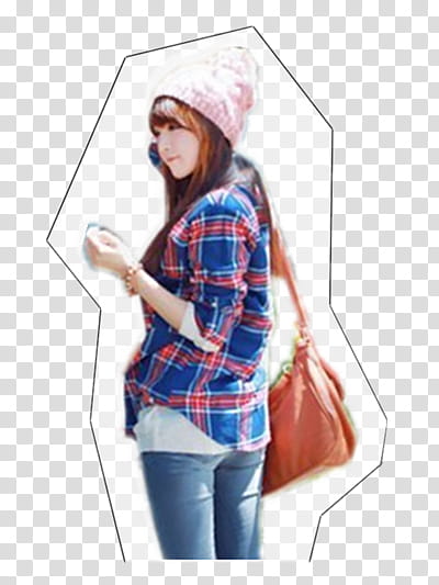 Recursos de ChiHoon y Shin Yeong, woman wearing blue and red plaid sports shirt and blue denim jeans with brown leather shoulder bag transparent background PNG clipart