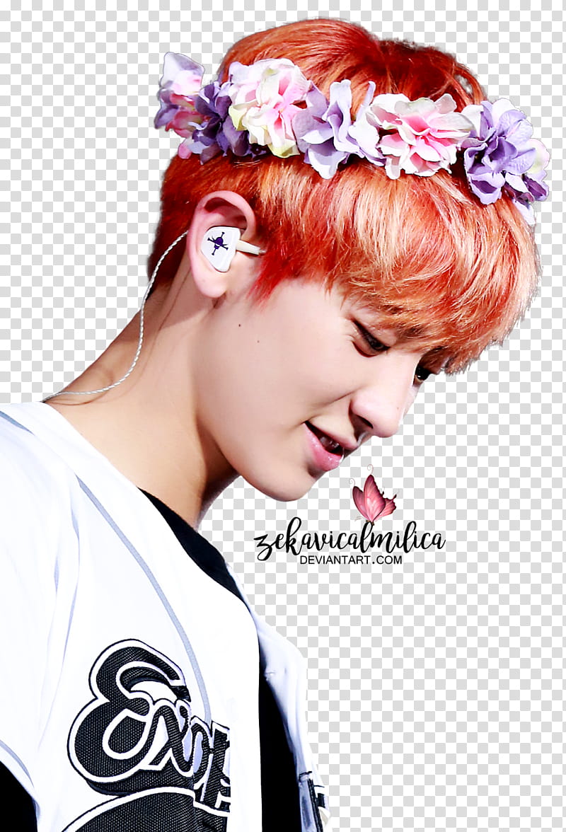 EXO Chanyeol  EXOrDIUM in Seoul, man in white baseball jersey and pink and purple flower headband transparent background PNG clipart