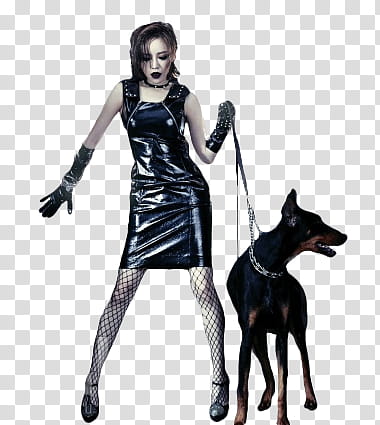 Render Ga In, woman beside black dog while holding leash transparent background PNG clipart