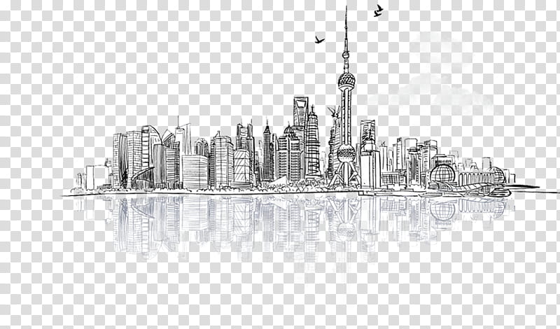 City Skyline Silhouette, Drawing, Painting, Architecture, Cityscape, Human Settlement, Skyscraper, Blackandwhite transparent background PNG clipart