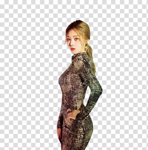 K A R D, woman in gray and brown turtleneck long-sleeved dress doing akimbo gesture transparent background PNG clipart