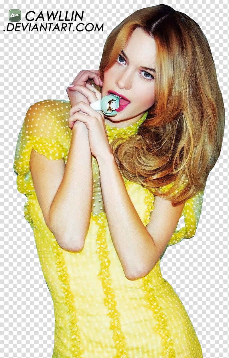 Camille Rowe model, woman in yellow sheer short-sleeved blouse transparent background PNG clipart
