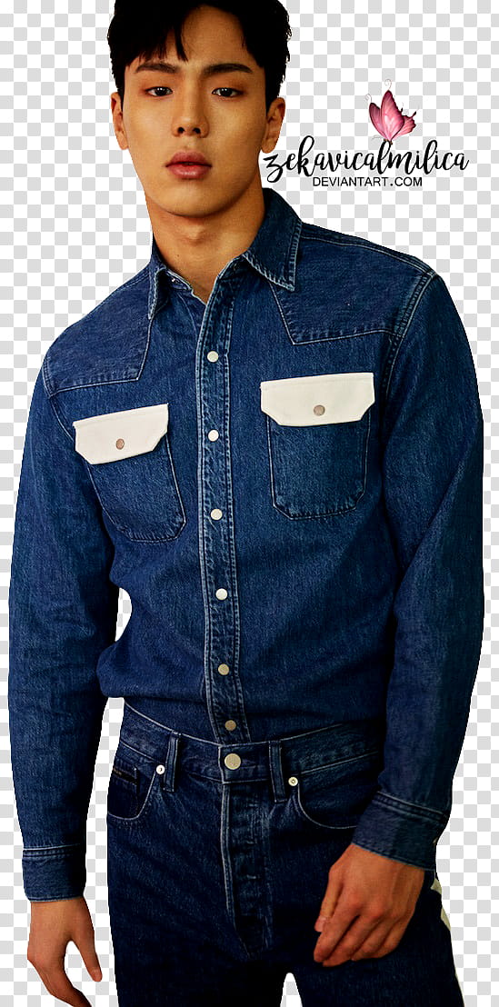 Monsta X Shownu Bella, man standing while wearing blue denim button-up long-sleeved shirt transparent background PNG clipart