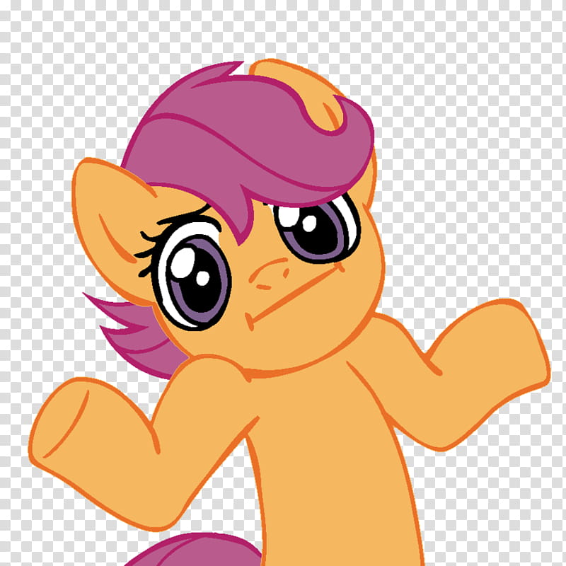 Shrugpony Scootaloo, beige pony with purple hair with both shoulders up and both hands on side illustration transparent background PNG clipart