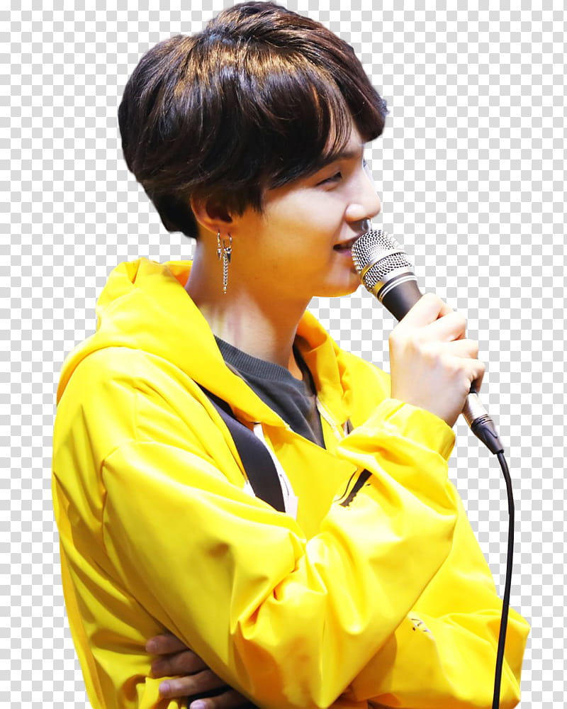 YOONGI, man wearing yellow jacket holding microphone transparent background PNG clipart