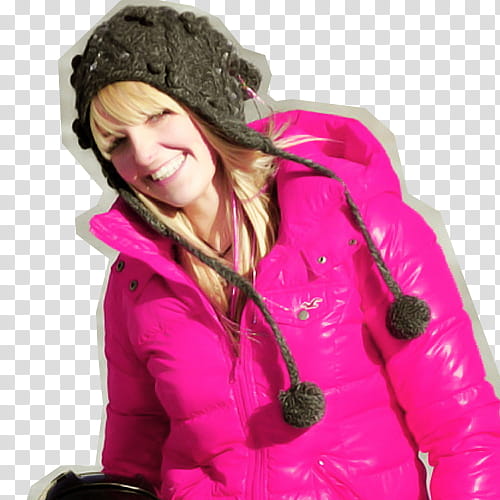 R, cutout of woman wearing critter hat and pink hooded puffer jacket transparent background PNG clipart