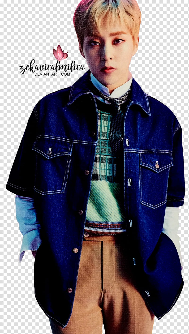 EXO CBX Xiumin MAGIC, man wearing blue denim jacket hands on pocket transparent background PNG clipart