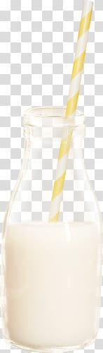 clear glass milk bottle with yellow and white striped straw transparent background PNG clipart