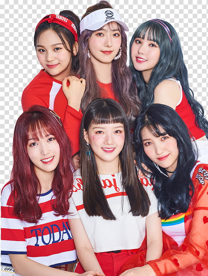 GFriend Sunny Summer PT, six smiling women wearing red and white shirts transparent background PNG clipart