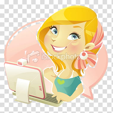 munequitas , yellow-haired woman using laptop sticker transparent background PNG clipart