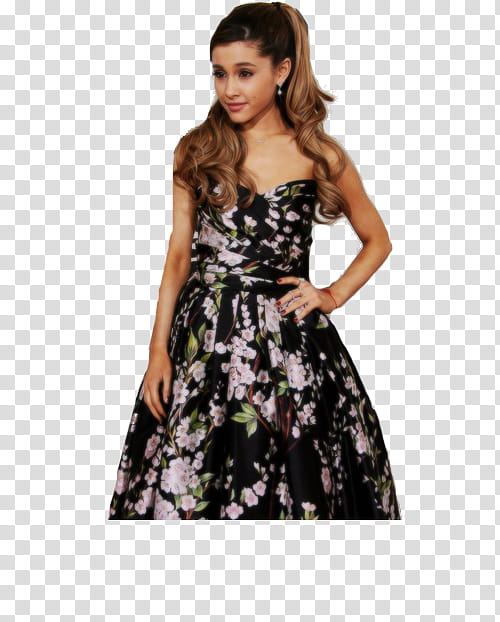 Ariana Grande, woman wearing black and white floral sweetheart neckline dress transparent background PNG clipart