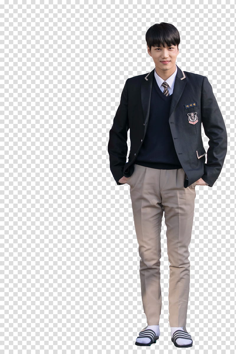 Kai EXO ANDANTE, standing and smiling man wearing black blazer and brown pants both hands on pockets transparent background PNG clipart