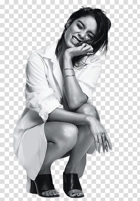 Vanessa Hudgens, grayscale of woman squat while leaning on her knee transparent background PNG clipart