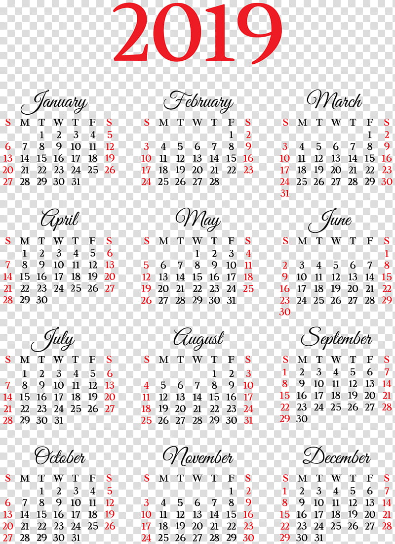 New Year, 2019 Yearly Calendar, 2018, Month, July, November, Line transparent background PNG clipart