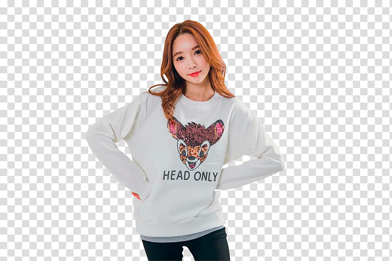 PARK SOO YEON, smiling woman in white and multicolored crew-neck sweatshirt with two hands on waist transparent background PNG clipart