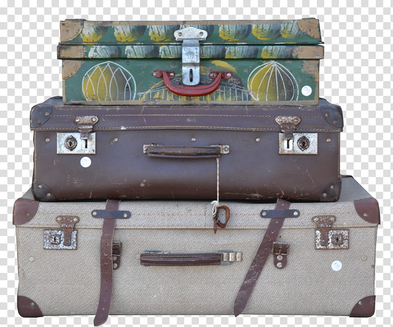 Luggage, three assorted-color trunks transparent background PNG clipart