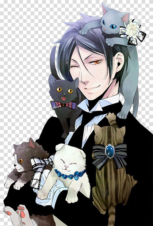 Sebastian Michaelis Kuroshitsuji render, man carrying kittens anime character transparent background PNG clipart