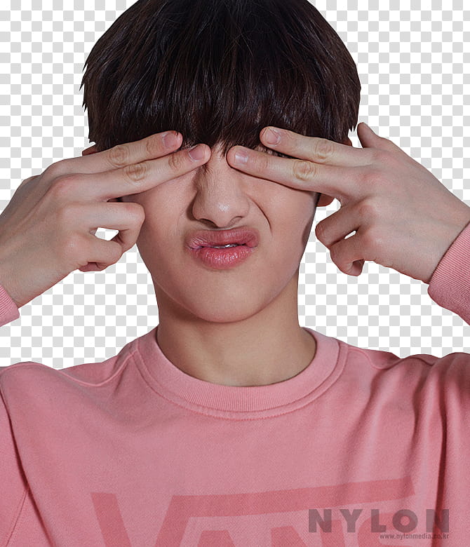 NCT , man in pink crew-neck shirt covering eyes with his fingers illustration transparent background PNG clipart