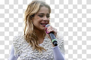 Martina Stoessel, woman wearing white long-sleeved beaded top holding microphone transparent background PNG clipart thumbnail