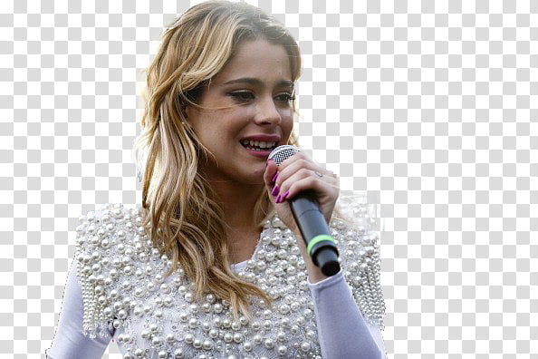 Martina Stoessel, woman wearing white long-sleeved beaded top holding microphone transparent background PNG clipart Martina Stoessel, woman wearing white long-sleeved beaded top holding microphone transparent background PNG clipart