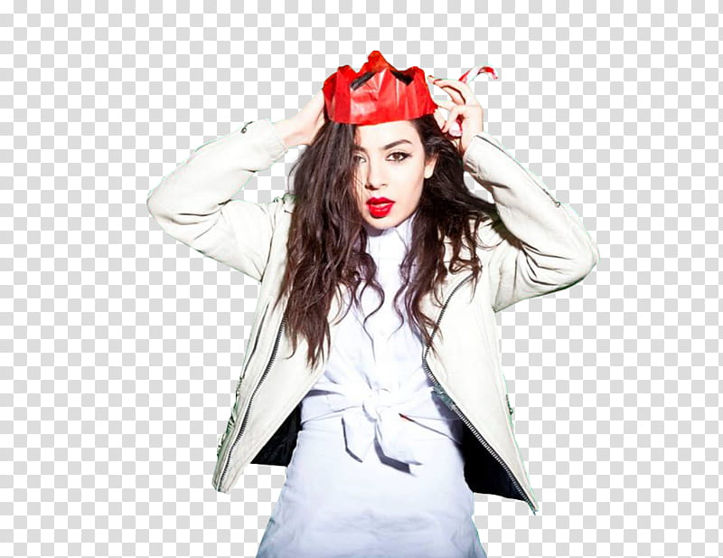 Charli XCX, woman wearing red paper crown transparent background PNG clipart