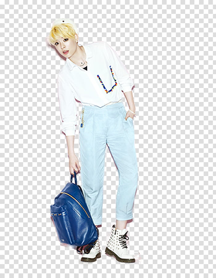man in white cap, white button-up shirt, light-blue pants, and white boots carrying blue backpack transparent background PNG clipart