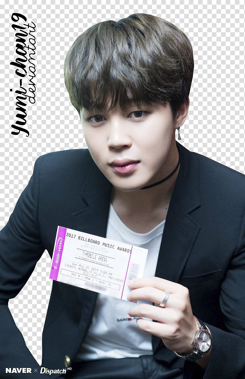 Jimin BTS, man in black suit jacket holding white card with text overlay transparent background PNG clipart