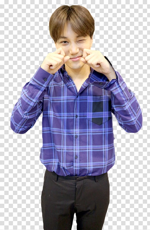 Kai EXO, man in blue and purple plaid dress shirt raising both hands transparent background PNG clipart