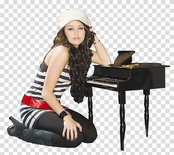 Star s, Miley Cyrus sitting beside black grand piano transparent background PNG clipart