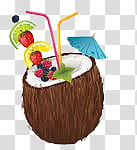 Summer , coconut shell with straws and berries illustration transparent background PNG clipart